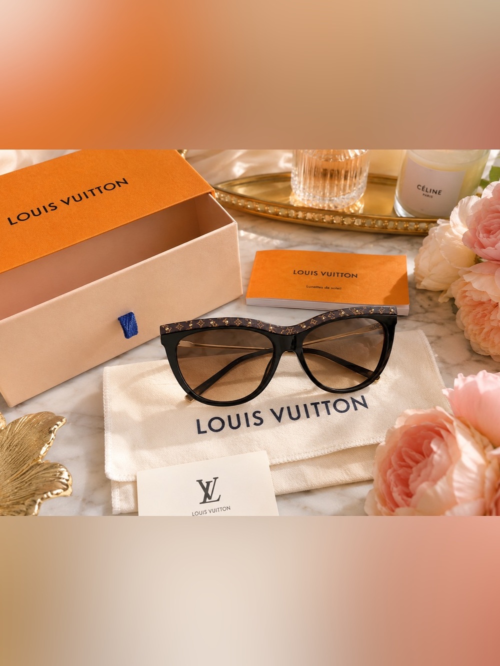 Louis Vuitton La Boum Canvas Z1147E Monogram Cat Eye Sunglasses Black Gold